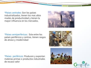 *Países centrales: Son los países
industrializados, tienen los mas altos
niveles de productividad y tienen la
mayor influencia en los mercados.
*Países semiperifericos: Esta entre los
países periféricos y centras, tienen rasgos
de atraso y modernidad
*Países periféricos: Producen y exportan
materias primas o productos industriales
de escaso valor
 