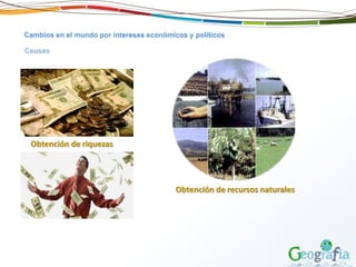 Cambios en el mundo por intereses económicos y políticos
Causas
Obtención de riquezas
Obtención de recursos naturales
 