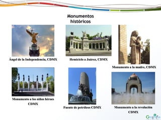 Monumentos
históricos
Ángel de la Independencia, CDMX Hemiciclo a Juárez, CDMX
Monumento a la madre, CDMX
Monumento a los niños héroes
CDMX
Monumento a la revolución
CDMX
Fuente de petróleos CDMX
 