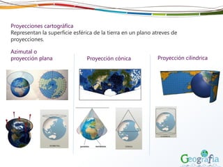 Proyecciones cartográfica
Representan la superficie esférica de la tierra en un plano atreves de
proyecciones.
Azimutal o
proyección plana Proyección cónica Proyección cilindrica
 
