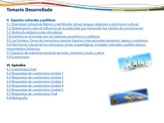 Temario Desarrollado
V. Espacios culturales y políticos
5.1 Diversidad cultural de México y del Mundo: etnias, lengua, religiones y patrimonio cultural.
5.2 Globalización cultural. Influencia de la publicidad que transmiten los medios de comunicación
5.3 Multiculturalidad e interculturalidad.
5.4 Cambios en el mundo por los intereses económicos y políticos.
5.5 Las frontera. Zonas de transición y tensión Espacios internacionales terrestres, aéreos y marítimos
5.6 Patrimonio cultural de los mexicanos: zonas arqueológicas, ciudades coloniales, pueblos típicos,
monumentos históricos.
5.7 Espacios de soberanía nacional: terrestre, marítima, insular y aérea
5.8 Cuestionario
VI. Apéndice
6.1 Cuestionario final
6.2 Respuestas de cuestionario Unidad 1
6.3 Respuestas de cuestionario Unidad 2
6.4 Respuestas de cuestionario Unidad 3
6.5 Respuestas de cuestionario Unidad 4
6.6 Respuestas de cuestionario Unidad 5
6.7 Respuestas de cuestionario Final
6.8 Bibliografía
 