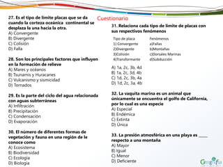 27. Es el tipo de límite placas que se da
cuando la corteza oceánica continental se
desplaza la una hacia la otra.
A) Convergente
B) Divergente
C) Colisión
D) Falla
28. Son los principales factores que influyen
en la formación de relieve
A) Mares y océanos
B) Tsunamis y Huracanes
C) Vulcanismo y sismicidad
D) Tornados
29. Es la parte del ciclo del agua relacionada
con aguas subterráneas
A) Infiltración
B) Precipitación
C) Condensación
D) Evaporación
30. El número de diferentes formas de
vegetación y fauna en una región de le
conoce como
A) Ecosistema
B) Biodiversidad
C) Ecología
D) Biología
31. Relaciona cada tipo de límite de placas con
sus respectivos fenómenos
A) 1a, 2c, 3b, 4d
B) 1a, 2c, 3d, 4b
C) 1d, 2c, 3b, 4a
D) 1d, 2c, 3a, 4b
32. La vaquita marina es un animal que
únicamente se encuentra el golfo de California,
por lo cual es una especie
A) Especial
B) Endémica
C) Extinta
D) Única
33. La presión atmosférica en una playa es _____
respecto a una montaña
A) Mayor
B) Igual
C) Menor
D) Deficiente
Cuestionario
Tipo de placa Fenómenos
1) Convergente a)Fallas
2)Divergente b)Montañas
3)Colisión c)Dorsales Marinas
4)Transformante d)Subducción
 