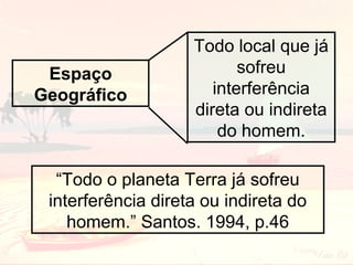 Espaço
Geográfico

Todo local que já
sofreu
interferência
direta ou indireta
do homem.

“Todo o planeta Terra já sofreu
interferência direta ou indireta do
homem.” Santos. 1994, p.46

 