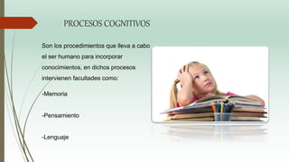 PROCESOS COGNITIVOS
Son los procedimientos que lleva a cabo
el ser humano para incorporar
conocimientos, en dichos procesos
intervienen facultades como:
-Memoria
-Pensamiento
-Lenguaje
 