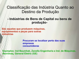 Classificação das Indústria Quanto ao
Destino da Produção
- Indústrias de Bens de Capital ou bens de
produção-
São aquelas que produzem máquinas,
equipamentos e peças para outras
indústrias
Procuram se localizar perto das suas
empresas
consumidoras
Exemplos: Ind Baumhak, Zanella Engenharia e Ind. de Máquinas,
Henrimaq, General Eletric (GE)
 