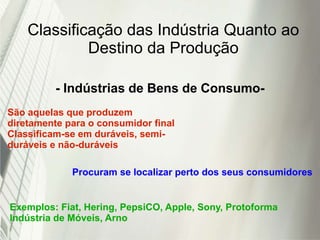 Classificação das Indústria Quanto ao
Destino da Produção
- Indústrias de Bens de Consumo-
São aquelas que produzem
diretamente para o consumidor final
Classificam-se em duráveis, semi-
duráveis e não-duráveis
Procuram se localizar perto dos seus consumidores
Exemplos: Fiat, Hering, PepsiCO, Apple, Sony, Protoforma
Indústria de Móveis, Arno
 