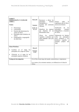 Facultad de Ciencias de la Educación Humanas y Tecnologías. UNACH
Escuela de: Ciencias Sociales Sílabo de la Cátedra de Geografía de Asia y África. 6
Unidad V
HIDROGRAFÍA Y CLIMA DE
AFRICA
Temas:
• Potamologia
• Limonologia
• Factores que determinan los
climas de África
• Principales tipos climáticos de
África
• Fitogeografía y zoogeografía
de cada clima.
Horas:20
Semanas
29-30- 32-
33 y 34
Reconocer y ubicar los
principales sistemas
hidrográficos y
lacustres del continente
Africano
Identificar las regiones
que disponen de un
determinado clima
Ubicar los recursos
vegetales y animales que
están poblando cada piso
climático
Ensayo sobre la
importancia del rio Nilo a
través de la historia
Graficación de los
principales sistemas
hidrográficos y lacustres
de África
Elaboración de láminas
sobre los principales
pisos climáticos y sus
productos vegetales y
animales propios del
lugar.
Clases Prácticas:
• Localizar en el mapa los
principales ríos y lagos de África
• Ubicación en el mapa de las
principales regiones climáticas
Horas:8
Semanas
31-35
Trabajo de Investigación: El rió Nilo el más largo del mundo; características e importancia.
Los vientos y las corrientes marinas y su influencia en el clima de
África
 