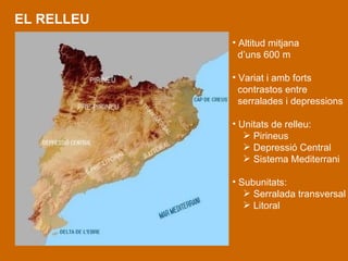 EL RELLEU A ltitud mitjana   d’uns 6 00 m   V ariat i amb  forts  contrastos  entre  serralades i depressions  Unitats de relleu : Pirineus Depressió Central Sistema Mediterrani Subunitats: Serralada transversal Litoral 