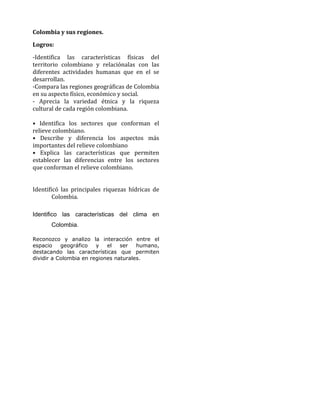 Colombia y sus regiones.
Logros:
-Identifica las características físicas del
territorio colombiano y relaciónalas con las
diferentes actividades humanas que en el se
desarrollan.
-Compara las regiones geográficas de Colombia
en su aspecto físico, económico y social.
- Aprecia la variedad étnica y la riqueza
cultural de cada región colombiana.
• Identifica los sectores que conforman el
relieve colombiano.
• Describe y diferencia los aspectos más
importantes del relieve colombiano
• Explica las características que permiten
establecer las diferencias entre los sectores
que conforman el relieve colombiano.
Identificó las principales riquezas hídricas de
Colombia.
Identifico las características del clima en
Colombia.
Reconozco y analizo la interacción entre el
espacio geográfico y el ser humano,
destacando las características que permiten
dividir a Colombia en regiones naturales.
 