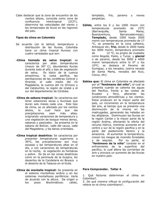 Cabe destacar que la zona de encuentro de los
vientos alisios, conocida como zona de
confluencia intertropical (ZCIT),
determina las velocidades del viento y
las temporadas de lluvia en las regiones
del país.
Tipos de clima en Colombia
De acuerdo con la latitud, temperatura y
distribución de las lluvias, Colombia
tiene un clima tropical lluvioso con
cuatro variedades que son:
-Clima húmedo de selva tropical: se
caracteriza por altas temperaturas
(mayor de 30° C), abundantes lluvias
durante todo el año y tipo de vegetación
de selva. Es típico de la cuenca
amazónica, la costa pacífica, las
estribaciones de las cordilleras Central y
Oriental, el valle medio del río
Magdalena, la cuenca del rio Orinoco y
del Catatumbo, la región de Urabá y el
sur del departamento de Córdoba.
-Clima de sabana tropical: Se caracteriza por
tener estaciones secas y lluviosas que
duran seis meses cada una. Este tipo
de clima, se ve afectado por los vientos
alisios, lo cual hace que las
precipitaciones sean más altas,
originando variaciones de temperatura y
una vegetación de bosque menos denso,
sabanas y pastizales. Se presenta en la
sabana de Bolívar, valle del cauca, valle
del Magdalena, y los llanos orientales.
-Clima tropical desértico: Se caracteriza por
presentar temperaturas superiores a
30°C, las precipitaciones son muy
escasas y las temperaturas altas en el
día, y con variaciones de temperaturas
en la noche, la vegetación es herbácea
y pobre. Se da en las zonas desérticas
como en la península de la Guajira, los
desiertos de la Candelaria en Boyaca y
el desierto de la Tatacoa en el Huila.
-Clima de montaña tropical: Se presenta en
el sistema montañoso andino y en los
sistemas montañosos periféricos. Varía
de acuerdo con la altura. Da origen a
los pisos Bioclimáticos: cálido,
templado, frío, paramo y nieves
perpetúas.
Cálido, entre los 0 y los 1000 msnm con
temperaturas promedio de 23°C
(Barranquilla, Santa Marta,
Buenaventura, Barrancabermeja);
Templado, desde 1000 hasta 2000
msnm con temperaturas promedio de 17
°C, se presenta en la zona cafetera,
Antioquia etc; frío, desde lo 2000 hasta
los 3000 msnm, temperatura promedio
de 12 °C, es propio de ciudades
como Bogotá, Pasto, y Tunja; y glacial
o de paramo, desde los 3000 a 4000
msnm temperatura entre lo 0° y los
10°C, se destaca el Paramo de
Sumapaz, y los nevados, (sierra nevada
de Santa Marta, nevados del Ruiz,
Cocuy, etc).
Sabias que: El clima en Colombia es afectado
por el “fenómeno del niño”, el cual se
presenta cuando se calienta las aguas
del Pacifico, frente a las costas de
Ecuador y Perú, alterando las
condiciones atmosféricas y los vientos.
Estos producen en la mayor parte del
país, un incremento en la temperatura
del aire, al tiempo que se presenta una
disminución de la misma en las
madrugadas, generando las heladas en
los altiplanos. Disminuyen las lluvias en
la región Caribe y la mayor parte de la
región Andina, afectando la oferta del
recurso hídrico, mientras aumenta en el
centro y sur de la región pacifica y en la
parte del piedemonte llanero y la
amazonia. Al aumentar la temperatura,
crecen los riesgos de incendio forestales
y de sequias. Por su parte, el
“fenómeno de la niña” consiste en el
enfriamiento de la superficie del
pacifico, lo cual altera las corrientes de
aire y provoca un aumento de las lluvias
en nuestro país.
Para Comprender. Taller 4.
1. Qué factores determinan el clima en
Colombia?.
2. De qué manera influye la configuración del
relieve en el clima colombiano?.
 