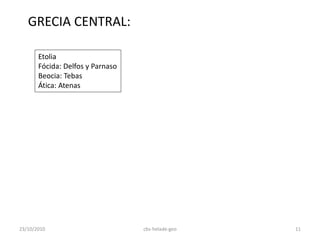 GRECIA CENTRAL:
Etolia
Fócida: Delfos y Parnaso
Beocia: Tebas
Ática: Atenas
23/10/2010 11cbs-helade-geo
 