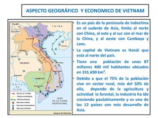 ASPECTO GEOGRÁFICO Y ECONOMICO DE VIETNAM

                • Es un país de la península de Indochina
                  en el sudeste de Asia, limita al norte
                  con China, al este y al sur con el mar de
                  la China, y al oeste con Camboya y
                  Laos.
                • La capital de Vietnam es Hanói que
                  está al norte del país.
                • Tiene una población de unos 87
                  millones 400 mil habitantes ubicados
                  en 331.690 km².
                • Debido a que el 75% de la población
                  vive en sector rural, más del 50% de
                  ella, depende de la agricultura y
                  actividad la forestal, la industria ha ido
                  creciendo paulatinamente y es uno de
                  los 13 países con más desarrollo de
                  Asia.
 