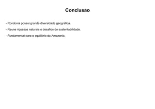 Conclusao
- Rondonia possui grande diversidade geografica.
- Reune riquezas naturais e desafios de sustentabilidade.
- Fundamental para o equilibrio da Amazonia.
 