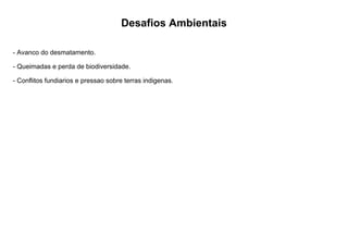 Desafios Ambientais
- Avanco do desmatamento.
- Queimadas e perda de biodiversidade.
- Conflitos fundiarios e pressao sobre terras indigenas.
 
