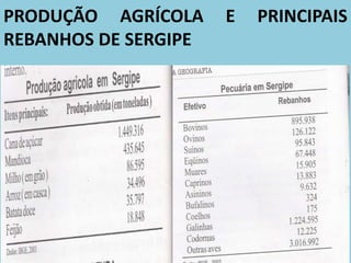 PRODUÇÃO AGRÍCOLA E PRINCIPAIS
REBANHOS DE SERGIPE
 