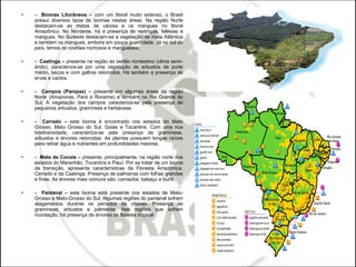 -  Biomas Litorâneos  – com um litoral muito extenso, o Brasil possui diversos tipos de biomas nestas áreas. Na região Norte destacam-se as matas de várzea e os mangues no litoral Amazônico. No Nordeste, há a presença de restingas, falésias e mangues. No Sudeste destacam-se a vegetação de mata Atlântica e também os mangues, embora em pouca quantidade. Já no sul do país, temos os costões rochosos e manguezais. -  Caatinga –  presente na região do sertão nordestino (clima semi-árido), caracteriza-se por uma vegetação de arbustos de porte médio, secos e com galhos retorcidos. Há também a presença de ervas e cactos. -  Campos (Pampas) –  presente em algumas áreas da região Norte (Amazonas, Pará e Roraima) e também no Rio Grande do Sul. A vegetação dos campos caracteriza-se pela presença de pequenos arbustos, gramíneas e herbáceas. -  Cerrado –  este bioma é encontrado nos estados do Mato Grosso, Mato Grosso do Sul, Goiás e Tocantins. Com uma rica biodiversidade, caracteriza-se pela presença de gramíneas, arbustos e árvores retorcidas. As plantas possuem longas raízes para retirar água e nutrientes em profundidades maiores. -  Mata de Cocais –  presente, principalmente, na região norte dos estados do Maranhão, Tocantins e Piauí. Por se tratar de um bioma de transição, apresenta características da Floresta Amazônica, Cerrado e da Caatinga. Presença de palmeiras com folhas grandes e finas. As árvores mais comuns são: carnaúba, babaçu e buriti. -  Pantanal –  este bioma está presente nos estados de Mato-Grosso e Mato-Grosso do Sul. Algumas regiões do pantanal sofrem alagamentos durante os períodos de chuvas. Presença de gramíneas, arbustos e palmeiras. Nas regiões que sofrem inundação, há presença de árvores de floresta tropical 