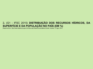 2. (G1 - IFSC 2015) DISTRIBUIÇÃO DOS RECURSOS HÍDRICOS, DA
SUPERFÍCIE E DA POPULAÇÃO NO PAÍS (EM %)
Disponível em: http://www.daescs.sp.gov.br/index.asp?dados=ensina&ensi=brasil. Acesso: 13 ago. 2014.
`
 