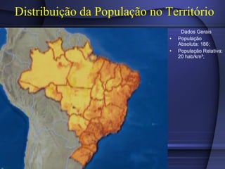 Distribuição da População no Território Dados Gerais População Absoluta: 186; População Relativa: 20 hab/km²; 