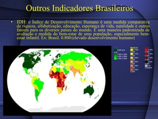 Outros Indicadores Brasileiros IDH : o Índice de Desenvolvimento Humano é uma medida comparativa de riqueza, alfabetização, educação, esperança de vida, natalidade e outros fatores para os diversos países do mundo. É uma maneira padronizada de avaliação e medida do bem-estar de uma população, especialmente bem-estar infantil. Ex: Brasil. 0.800   (elevado desenvolvimento humano) Low ██   0.450–0.499 ██   0.400–0.449 ██   0.350–0.399 ██   under 0.350 ██   not available Medium ██   0.750–0.799 ██   0.700–0.749 ██   0.650–0.699 ██   0.600–0.649 ██   0.550–0.599 ██   0.500–0.549 High ██   0.950 and over ██   0.900–0.949 ██   0.850–0.899 ██   0.800–0.849 