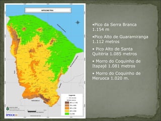 Pico da Serra Branca 1.154 m Pico Alto de Guaramiranga 1.112 metros Pico Alto de Santa Quitéria 1.085 metros Morro do Coquinho de Itapajé 1.081 metros Morro do Coquinho de Meruoca 1.020 m.  