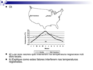 Observe o mapa e o climograma a seguir: a) Cite dois fatores que interferem na temperatura registrada nos dois locais. b) Explique como estes fatores interferem nas temperaturas registradas. 