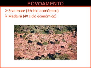 POVOAMENTO
Erva-mate (3ºciclo econômico)
Madeira (4º ciclo econômico)
 