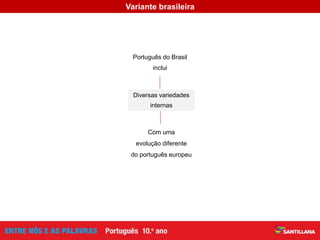 Português do Brasil
inclui
Diversas variedades
internas
Com uma
evolução diferente
do português europeu
Variante brasileira
 