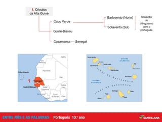 Barlavento (Norte)
Guiné-Bissau
Cabo Verde
Casamansa — Senegal
1. Crioulos
da Alta Guiné
Sotavento (Sul)
Situação
de
bilinguismo
com o
português
1
 