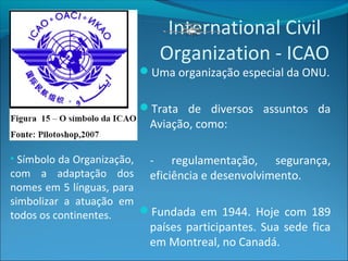 International Civil
Organization - ICAO
• Símbolo da Organização,
com a adaptação dos
nomes em 5 línguas, para
simbolizar a atuação em
todos os continentes.
Uma organização especial da ONU.
Trata de diversos assuntos da
Aviação, como:
- regulamentação, segurança,
eficiência e desenvolvimento.
Fundada em 1944. Hoje com 189
países participantes. Sua sede fica
em Montreal, no Canadá.
 