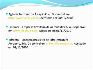 Agência Nacional de Aviação Civil. Disponível em
http://www.anac.gov.br. Acessado em 28/10/2010
Embraer – Empresa Brasileira de Aeronáutica S. A. Disponível
em www.embraer.com. Acessado em 01/11/2010
Infraero – Empresa Brasileira de Infra-estrutura
Aeroportuária. Disponível em www.infraero.gov.br. Acessado
em 01/11/2010
 