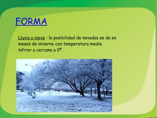 FORMA Lluvia o nieve  : la posibilidad de nevadas se da en meses de invierno con temperatura media infrior o cercana a 0º. 