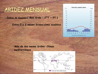ARIDEZ MENSUAL -Índice de Gaussen   ( Mes árido : 2ºT > PT ) ·Entre 0 y 2 meses áridos:clima oceánico ·Más de dos meses áridos : Climas  mediterráneos 