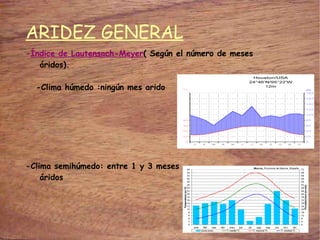 ARIDEZ GENERAL - Índice de Lautensach-Meyer ( Según el número de meses  áridos). -Clima húmedo :ningún mes arido -Clima semihúmedo: entre 1 y 3 meses áridos 