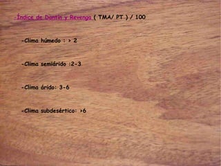 - Índice de Dantín y Revenga  ( TMA/ PT ) / 100 -Clima húmedo : > 2 -Clima semiárido :2-3 -Clima árido: 3-6 -Clima subdesértico: >6 
