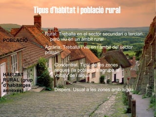 Tipus d’hàbitat i població rural

                   Rural: Treballa en el sector secundari o terciari
POBLACIÓ             però viu en un àmbit rural
                   Agrària: Treballa i viu en l’àmbit del sector
                   primari

                       Concentrat. Típic de les zones
                       seques (la població s’agrupa al
HÀBITAT                voltant de l’aigua)
RURAL (grup
d’habitatges
annexes)               Dispers. Usual a les zones amb aigua
 