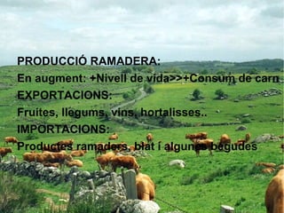 PRODUCCIÓ RAMADERA:
En augment: +Nivell de vida>>+Consum de carn
EXPORTACIONS:
Fruites, llegums, vins, hortalisses..
IMPORTACIONS:
Productes ramaders, blat i algunes begudes
 