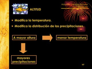 Modifica la temperatura. Modifica la distribución de las precipitaciones. A mayor altura menor temperatura mayores  precipitaciones ALTITUD 