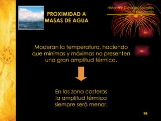 Moderan la temperatura, haciendo que mínimas y máximas no presenten una gran amplitud térmica. En las zona costeras la amplitud térmica siempre será menor. PROXIMIDAD A MASAS DE AGUA 