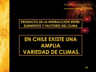 PRODUCTO DE LA INTERACCIÓN ENTRE  ELEMENTOS Y FACTORES DEL CLIMA EN CHILE EXISTE UNA AMPLIA VARIEDAD DE CLIMAS. 