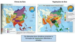 Os diferentes tipos climáticos propiciam a
formação de vegetações diferentes e
variadas.
Climas da Ásia Vegetações da Ásia
 
