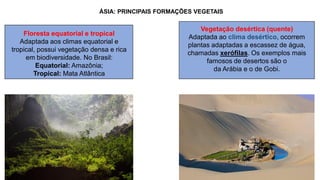 ÁSIA: PRINCIPAIS FORMAÇÕES VEGETAIS
Vegetação desértica (quente)
Adaptada ao clima desértico, ocorrem
plantas adaptadas a escassez de água,
chamadas xerófilas. Os exemplos mais
famosos de desertos são o
da Arábia e o de Gobi.
Floresta equatorial e tropical
Adaptada aos climas equatorial e
tropical, possui vegetação densa e rica
em biodiversidade. No Brasil:
Equatorial: Amazônia;
Tropical: Mata Atlântica
 