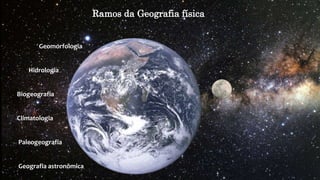 Ramos da Geografia física
Geomorfologia
Hidrologia
Biogeografia
Climatologia
Paleogeografia
Geografia astronômica
 