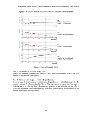 Geografía, geotecnología y análisis espacial: tendencias, métodos y aplicaciones
96
Figura 7: Gráficos de valores pronosticados en validación cruzada.
Fuente: Fuenzalida et al., 2014
Paso 2: Obtención del mapa de predicción.
Se crea un mapa de superficie, en formato ráster, con los valores de predicción para
puntos no muestrales (ver figura 8A).
Paso 3: Obtención del mapa de errores de predicción.
Sobre la capa de interpolación creada (mapa de predicción) > click botón derecho del
mouse > Create Prediction Standard Error Map para crear el mapa con los errores
estándar de la predicción. Con ello podemos analizar la variabilidad de los valores
predichos. Observar que los valores son más altos a medida que nos alejamos de los
puntos muestrales (ver figura 8B).
 