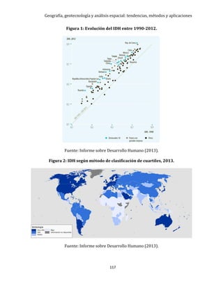 Geografía, geotecnología y análisis espacial: tendencias, métodos y aplicaciones
117
Figura 1: Evolución del IDH entre 1990-2012.
Fuente: Informe sobre Desarrollo Humano (2013).
Figura 2: IDH según método de clasificación de cuartiles, 2013.
Fuente: Informe sobre Desarrollo Humano (2013).
 