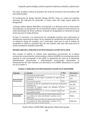 Geografía, geotecnología y análisis espacial: tendencias, métodos y aplicaciones
126
Por ende, al utilizar análisis de quintiles, Q1 serán los territorios más favorables y Q5
más desfavorables.
b) Construcción de Rango absoluto (Rango Q5-Q1). Tiene en cuenta los quintiles
extremos del indicador de desarrollo. A mayor valor del rango mayor grado de
desigualdad.
c) Rango relativo (Razón Máx/Min). Corresponde a la distancia entre la observación
más pequeña y la más grande. No se recomienda utilizar cuando las observaciones no
están distribuidas de forma uniforme. El grado de desigualdad se interpreta de igual
forma que para el rango absoluto.
El paso 4, concierne a la construcción de cartografía temática para representar la
distribución espacial de los datos. De los métodos de clasificación de información SIG,
se utilizarán mapas de cuantiles, con 5 intervalos, razón por la cual el análisis de
resultados se referirá a quintiles (Qx). En este método cada clase del mapa tiene la
misma cantidad de unidades espaciales.
Ejemplo aplicado a indicadores de determinantes sociales de la salud
Para realizar el análisis se utilizan ocho indicadores provenientes de la última
encuesta de caracterización socioeconómica chilena (CASEN) con autorepresentación
espacial, la cual corresponde al año 2009. La agrupación de estos en la dimensión
determinantes estructurales o determinantes estructurales intermedios, la
interpretación del valor máximo y la abreviatura en la BBDD alfanumérica se puede
ver en el cuadro 3.
Cuadro 3: Indicadores de Determinantes Sociales de la Salud (DSS).
Indicador n Nombre V. Max Abreviatura
Determinantes
Estructurales
1 Porcentaje de pobreza total Costo POBRE_TO
2
Coeficiente de Gini según el promedio de ingreso
autónomo
Costo
GINI
3 Tasa de desocupación Costo DESOCUPA
4
Promedio de años de escolaridad de las personas de
25 años y más
Beneficio
ESC_25M
Determinantes
Intermedios
1
Porcentaje de hogares totales con indicador de
saneamiento deficitario
Costo
SAN_DEF
2
Porcentaje personas de 15 a 64 sin cotización legal
para pensión y salud
Costo
ACT_NCOT
3
Porcentaje total de personas que declara haber tenido
un problema de salud, enfermedad o accidente en el
último mes
Costo
PROB_S
4
Porcentaje total de personas que declara haber tenido
un problema de salud, enfermedad o accidente en el
último mes y que no recibió atención
Costo
PROB_SNA
Fuente: Datos: CASEN 2009. Agrupación: Elaboración propia.
 