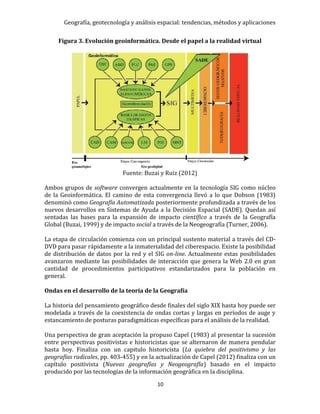 Geografía, geotecnología y análisis espacial: tendencias, métodos y aplicaciones
10
Figura 3. Evolución geoinformática. Desde el papel a la realidad virtual
Fuente: Buzai y Ruiz (2012)
Ambos grupos de software convergen actualmente en la tecnología SIG como núcleo
de la Geoinformática. El camino de esta convergencia llevó a lo que Dobson (1983)
denominó como Geografía Automatizada posteriormente profundizada a través de los
nuevos desarrollos en Sistemas de Ayuda a la Decisión Espacial (SADE). Quedan así
sentadas las bases para la expansión de impacto científico a través de la Geografía
Global (Buzai, 1999) y de impacto social a través de la Neogeografía (Turner, 2006).
La etapa de circulación comienza con un principal sustento material a través del CD-
DVD para pasar rápidamente a la inmaterialidad del ciberespacio. Existe la posibilidad
de distribución de datos por la red y el SIG on-line. Actualmente estas posibilidades
avanzaron mediante las posibilidades de interacción que genera la Web 2.0 en gran
cantidad de procedimientos participativos estandarizados para la población en
general.
Ondas en el desarrollo de la teoría de la Geografía
La historia del pensamiento geográfico desde finales del siglo XIX hasta hoy puede ser
modelada a través de la coexistencia de ondas cortas y largas en períodos de auge y
estancamiento de posturas paradigmáticas específicas para el análisis de la realidad.
Una perspectiva de gran aceptación la propuso Capel (1983) al presentar la sucesión
entre perspectivas positivistas e historicistas que se alternaron de manera pendular
hasta hoy. Finaliza con un capitulo historicista (La quiebra del positivismo y las
geografías radicales, pp. 403-455) y en la actualización de Capel (2012) finaliza con un
capítulo positivista (Nuevas geografías y Neogeografía) basado en el impacto
producido por las tecnologías de la información geográfica en la disciplina.
 