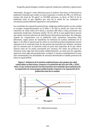 Geografía, geotecnología y análisis espacial: tendencias, métodos y aplicaciones
150
intermedio, 30 µg/m3, como referencia para el análisis. Pues bien, en Barcelona la
población estimada que reside en zonas expuestas a niveles de PM10 en 2010 por
encima del nivel de 30 µg/m3 es 941.880 personas, es decir, el 58,2 % de la
población total, lo que significa que más de la mitad de sus residentes se
encuentran potencialmente expuestos a este problema.
Los resultados de exposición potencial por subgrupos poblacionales en esta ciudad
se recogen comparativamente en la tabla 2. En ella se puede ver cómo los dos
colectivos de edad, niños (0-4 años) y ancianos (80 años y más), presentan una
exposición moderada y bastante similar: 56 % y 60 %, lo que podría hacer pensar
que ambos tuviesen patrones de distribución intraurbana parecidos. Sin embargo,
cuando los comparamos con la población total, presentan situaciones bien
diferentes, según ponen de manifiesto las balanzas de justicia ambiental de la
figura 1. En ellas se aprecia que los niños se encuentran proporcionalmente menos
expuestos de lo esperado (más de dos puntos porcentuales por debajo), mientras
que los ancianos por el contrario están un poco más expuestos de lo que cabría
esperar (más de un punto porcentual por encima). Por tanto, los primeros se
muestran como algo más favorecidos ambientalmente, en tanto que los segundos
aparecen como algo más perjudicados. La figura 2 muestra conjuntamente la zona
más contaminada y las densidades de ancianos desvelando la notable presencia de
éstos en aquel ámbito.
Figura 1. Balanzas de la justicia ambiental para dos grupos de edad
vulnerables en Barcelona, respecto a la polución del aire por PM10, 2010.
Nota: el eje vertical muestra las desviaciones (en unidades porcentuales) de
la exposición de estos grupos poblacionales respecto a la exposición de la
población total de la ciudad.
Fte. Elaboración propia.
 