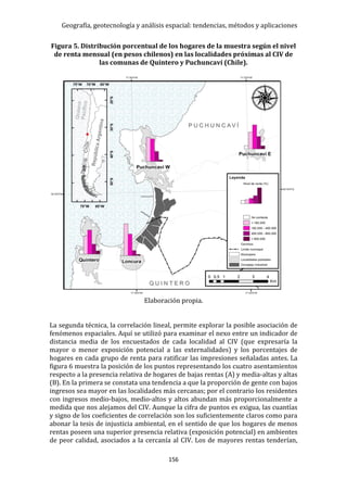 Geografía, geotecnología y análisis espacial: tendencias, métodos y aplicaciones
156
Figura 5. Distribución porcentual de los hogares de la muestra según el nivel
de renta mensual (en pesos chilenos) en las localidades próximas al CIV de
las comunas de Quintero y Puchuncaví (Chile).
Elaboración propia.
La segunda técnica, la correlación lineal, permite explorar la posible asociación de
fenómenos espaciales. Aquí se utilizó para examinar el nexo entre un indicador de
distancia media de los encuestados de cada localidad al CIV (que expresaría la
mayor o menor exposición potencial a las externalidades) y los porcentajes de
hogares en cada grupo de renta para ratificar las impresiones señaladas antes. La
figura 6 muestra la posición de los puntos representando los cuatro asentamientos
respecto a la presencia relativa de hogares de bajas rentas (A) y media-altas y altas
(B). En la primera se constata una tendencia a que la proporción de gente con bajos
ingresos sea mayor en las localidades más cercanas; por el contrario los residentes
con ingresos medio-bajos, medio-altos y altos abundan más proporcionalmente a
medida que nos alejamos del CIV. Aunque la cifra de puntos es exigua, las cuantías
y signo de los coeficientes de correlación son los suficientemente claros como para
abonar la tesis de injusticia ambiental, en el sentido de que los hogares de menos
rentas poseen una superior presencia relativa (exposición potencial) en ambientes
de peor calidad, asociados a la cercanía al CIV. Los de mayores rentas tenderían,
 