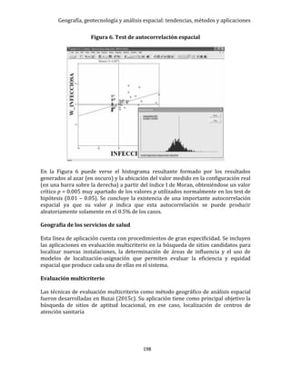 Geografía, geotecnología y análisis espacial: tendencias, métodos y aplicaciones
198
Figura 6. Test de autocorrelación espacial
En la Figura 6 puede verse el histograma resultante formado por los resultados
generados al azar (en oscuro) y la ubicación del valor medido en la configuración real
(en una barra sobre la derecha) a partir del índice I de Moran, obteniéndose un valor
crítico p = 0.005 muy apartado de los valores p utilizados normalmente en los test de
hipótesis (0.01 – 0.05). Se concluye la existencia de una importante autocorrelación
espacial ya que su valor p indica que esta autocorrelación se puede producir
aleatoriamente solamente en el 0.5% de los casos.
Geografía de los servicios de salud
Esta línea de aplicación cuenta con procedimientos de gran especificidad. Se incluyen
las aplicaciones en evaluación multicriterio en la búsqueda de sitios candidatos para
localizar nuevas instalaciones, la determinación de áreas de influencia y el uso de
modelos de localización-asignación que permiten evaluar la eficiencia y equidad
espacial que produce cada una de ellas en el sistema.
Evaluación multicriterio
Las técnicas de evaluación multicriterio como método geográfico de análisis espacial
fueron desarrolladas en Buzai (2015c). Su aplicación tiene como principal objetivo la
búsqueda de sitios de aptitud locacional, en ese caso, localización de centros de
atención sanitaria
 