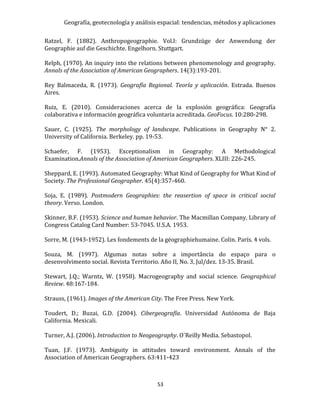 Geografía, geotecnología y análisis espacial: tendencias, métodos y aplicaciones
53
Ratzel, F. (1882). Anthropogeographie. Vol.I: Grundzüge der Anwendung der
Geographie auf die Geschichte. Engelhorn. Stuttgart.
Relph, (1970). An inquiry into the relations between phenomenology and geography.
Annals of the Association of American Geographers. 14(3):193-201.
Rey Balmaceda, R. (1973). Geografía Regional. Teoría y aplicación. Estrada. Buenos
Aires.
Ruiz, E. (2010). Consideraciones acerca de la explosión geográfica: Geografía
colaborativa e información geográfica voluntaria acreditada. GeoFocus. 10:280-298.
Sauer, C. (1925). The morphology of landscape. Publications in Geography N° 2.
University of California. Berkeley. pp. 19-53.
Schaefer, F. (1953). Exceptionalism in Geography: A Methodological
Examination.Annals of the Association of American Geographers. XLIII: 226-245.
Sheppard, E. (1993). Automated Geography: What Kind of Geography for What Kind of
Society. The Professional Geographer. 45(4):357-460.
Soja, E. (1989). Postmodern Geographies: the reasertion of space in critical social
theory. Verso. London.
Skinner, B.F. (1953). Science and human behavior. The Macmillan Company. Library of
Congress Catalog Card Number: 53-7045. U.S.A. 1953.
Sorre, M. (1943-1952). Les fondements de la géographiehumaine. Colin. París. 4 vols.
Souza, M. (1997). Algumas notas sobre a importância do espaço para o
desenvolvimento social. Revista Territorio. Año II, No. 3, Jul/dez. 13-35. Brasil.
Stewart, J.Q.; Warntz, W. (1958). Macrogeography and social science. Geographical
Review. 48:167-184.
Strauss, (1961). Images of the American City. The Free Press. New York.
Toudert, D.; Buzai, G.D. (2004). Cibergeografía. Universidad Autónoma de Baja
California. Mexicali.
Turner, A.J. (2006). Introduction to Neogeography. O´Reilly Media. Sebastopol.
Tuan, J.F. (1973). Ambiguity in attitudes toward environment. Annals of the
Association of American Geographers. 63:411-423
 
